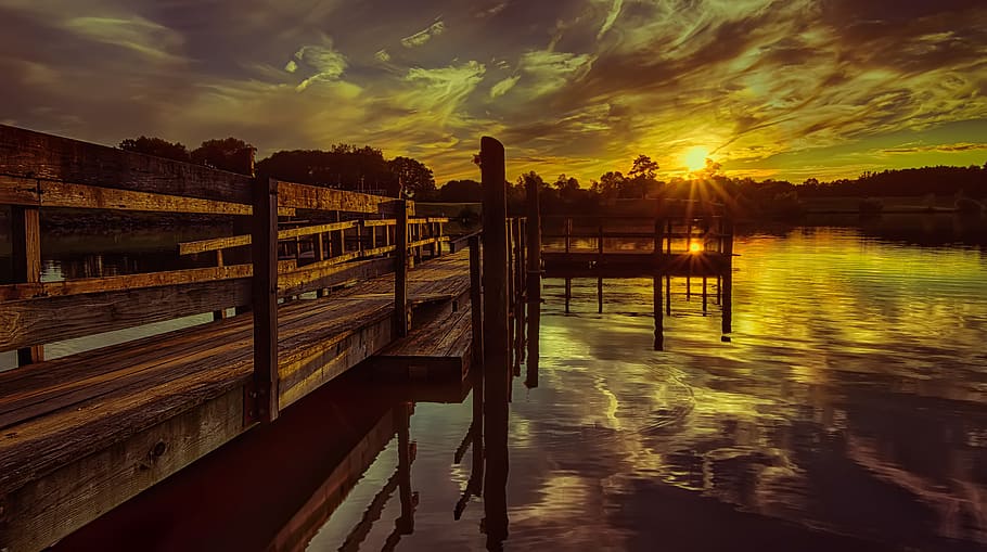 trees, lake, water, sunset, sky, wood - material, cloud - sky HD wallpaper