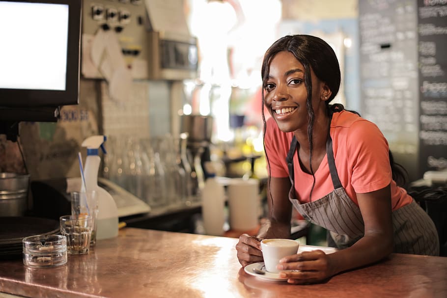Woman Leaning On Counter Holding Cup Of Drink, bar, bartender HD wallpaper