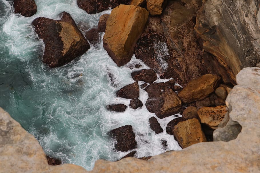 water waves, rock, nature, outdoors, diamond bay reserve, rubble HD wallpaper
