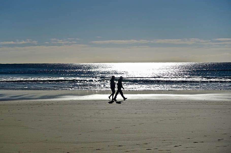 couple, stroll, beach, sea, happiness, two, outdoors, water HD wallpaper