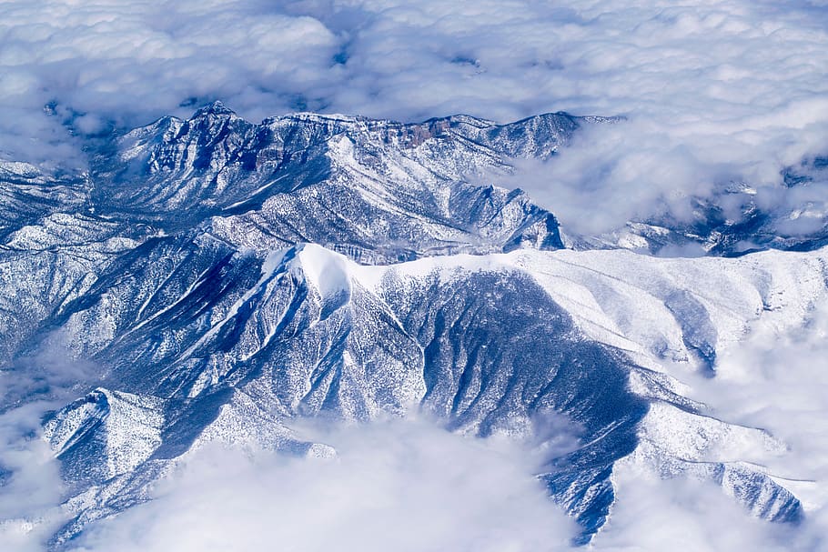 mountain, nature, landscape, snow, fog, clouds, top view, aerial HD wallpaper