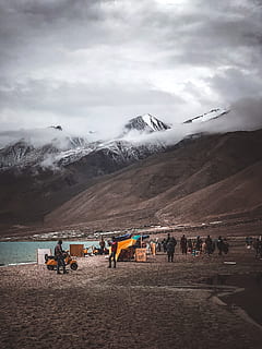 group of person beside mountain under cloudy sky, crowd, mist HD wallpaper