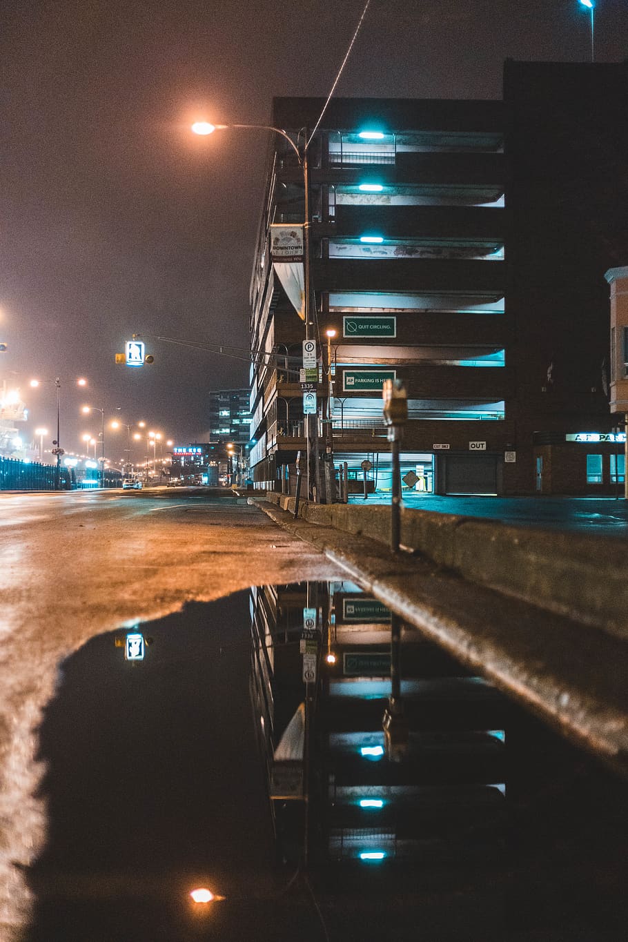 lighted street lamps, puddle, road, asphalt, tarmac, town, metropolis HD wallpaper