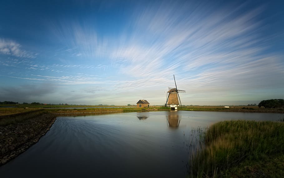 Windmill Under Blue Sky, clouds, dawn, field, grass, landscape HD wallpaper