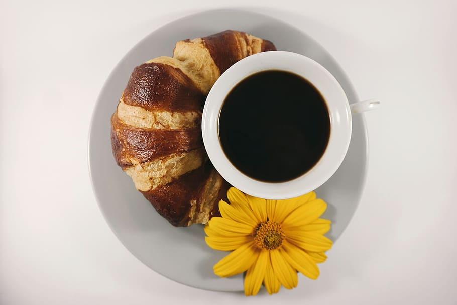 Cup of Coffee Beside Bread on Plate, beverage, drink, flower HD wallpaper