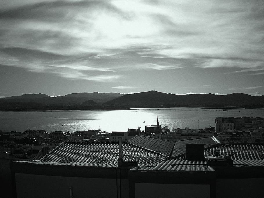 bay, sea, sun, clouds, roofs, rooftop, mountain, santander HD wallpaper