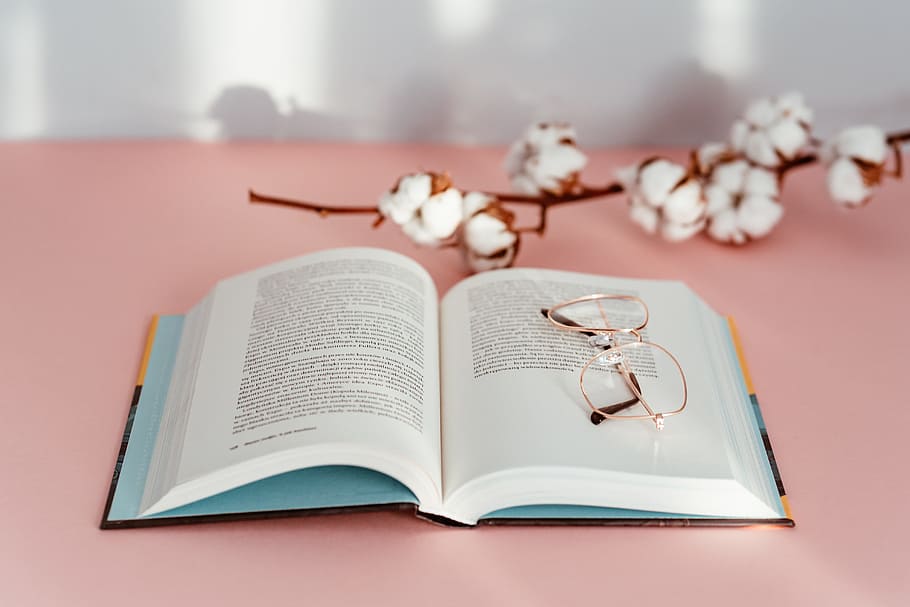 Open book on a pink background, reading, glasses, learning, pink backgound, HD wallpaper