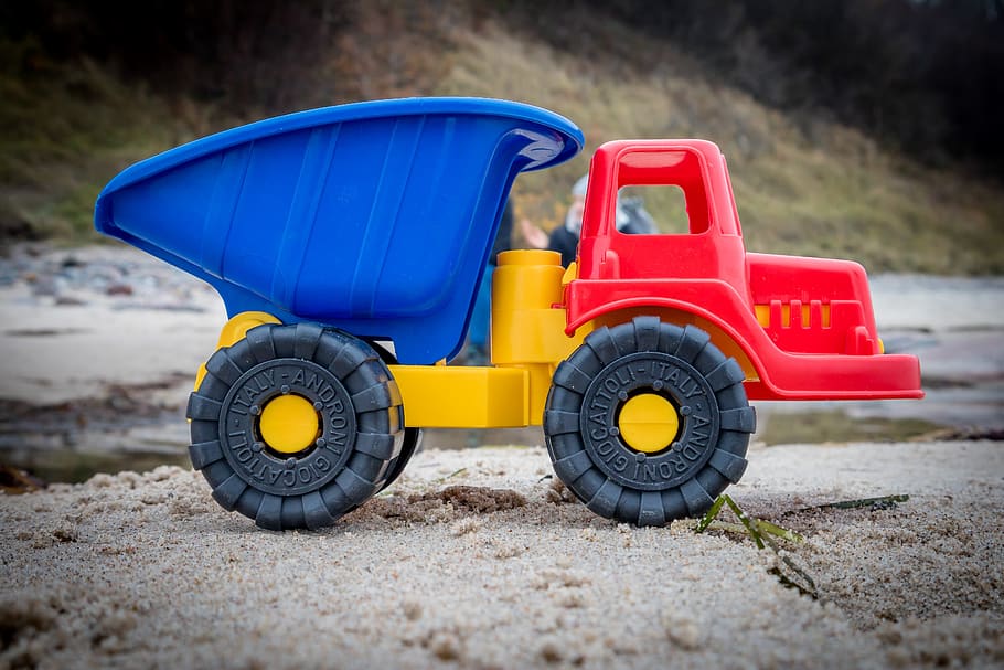 dumper, toys, plastic, tipper, colorful, sand, vehicle, transportation, HD wallpaper