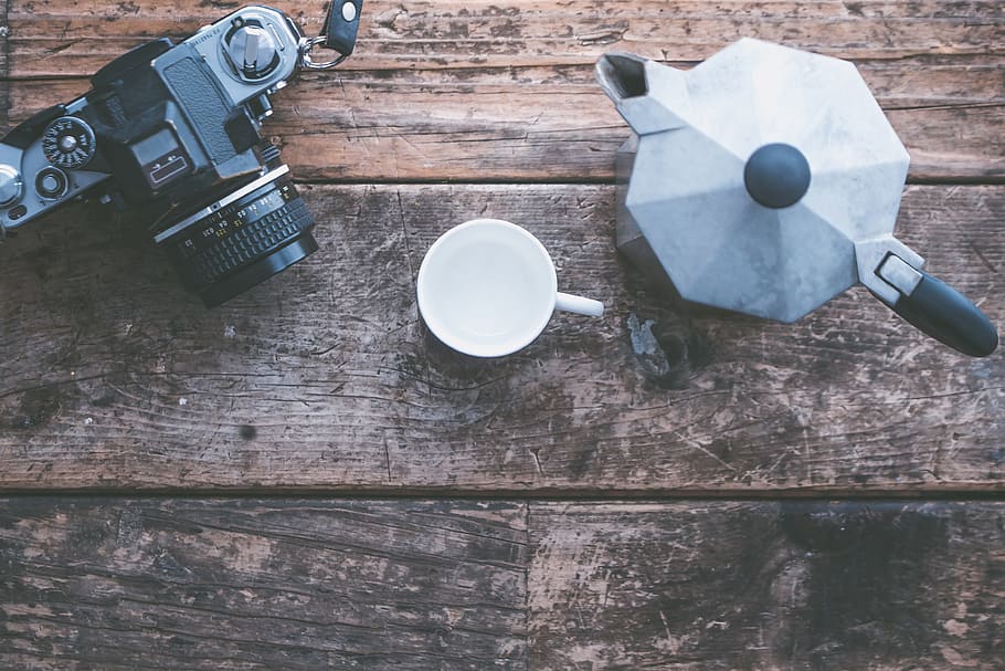 camera, coffee, espresso, coffee maker, perculator, wood, rustic HD wallpaper