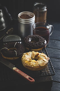 doughnut beside clear glass mug, donut, coffee, cocoa, hot choco HD wallpaper