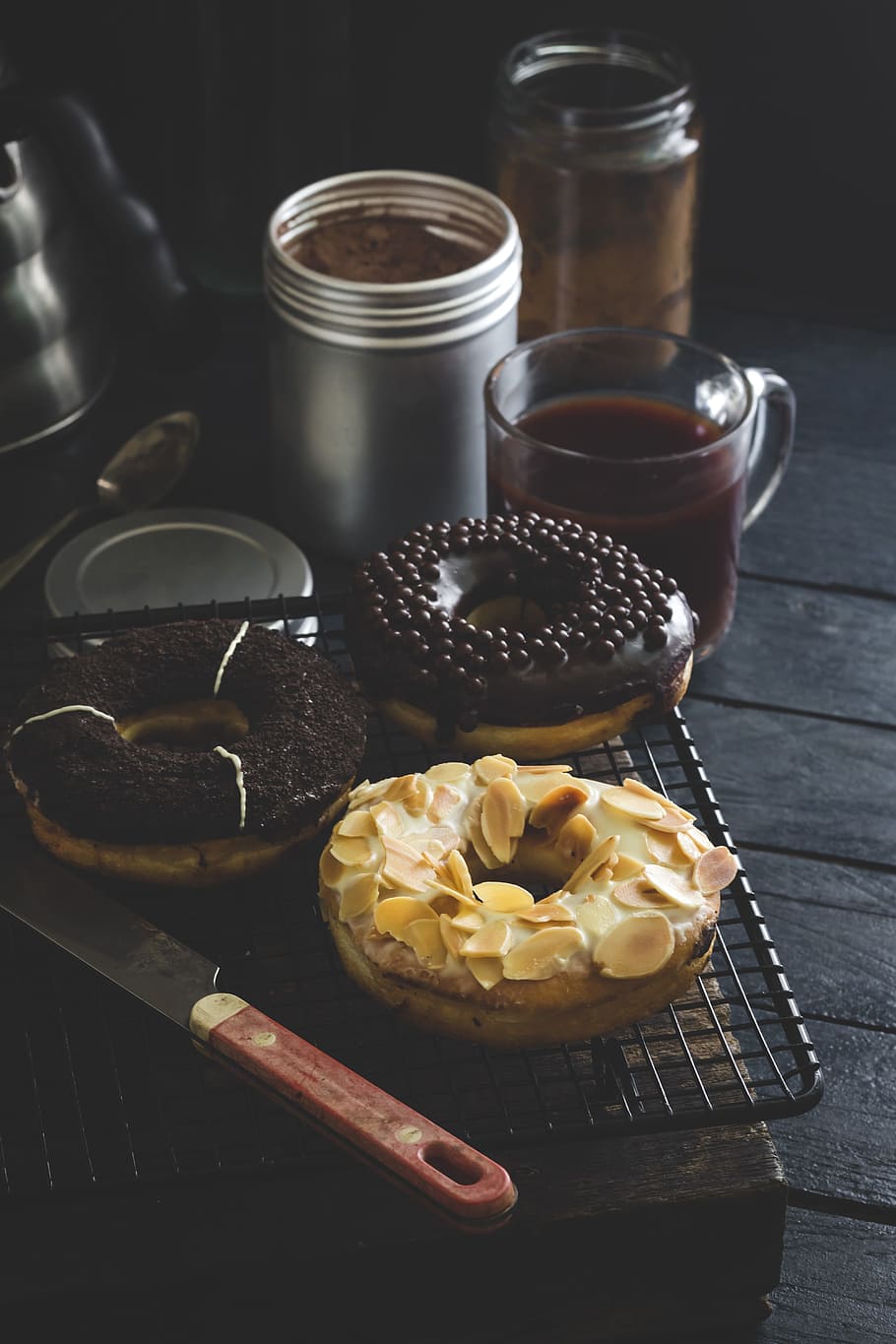 doughnut beside clear glass mug, donut, coffee, cocoa, hot choco HD wallpaper