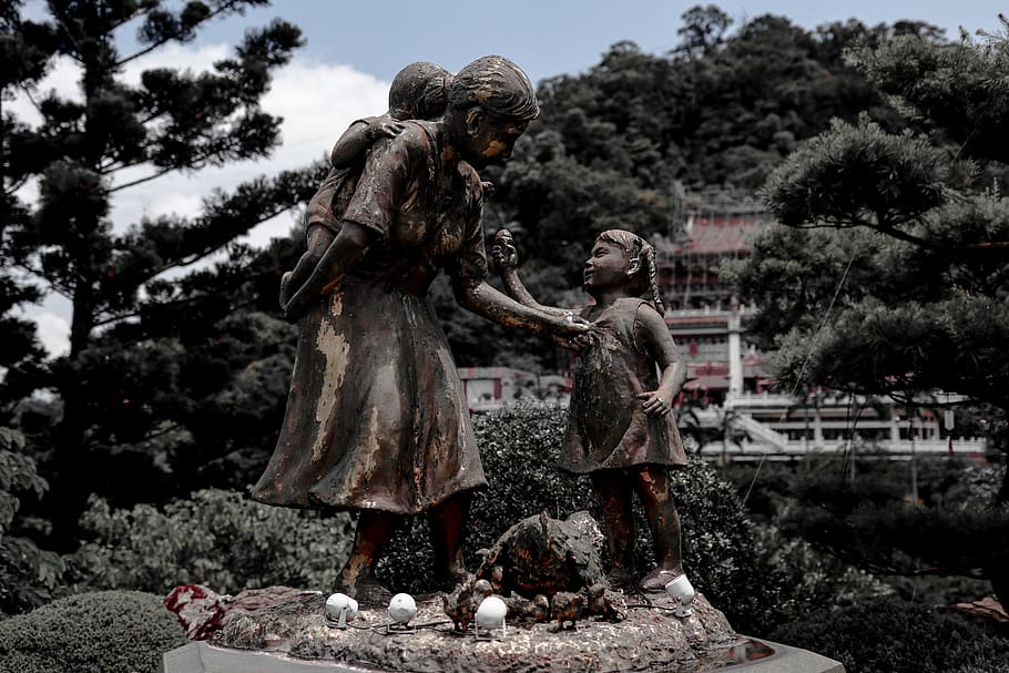 taiwan, taipei, bronze, child, statue, family, mother, art, HD wallpaper