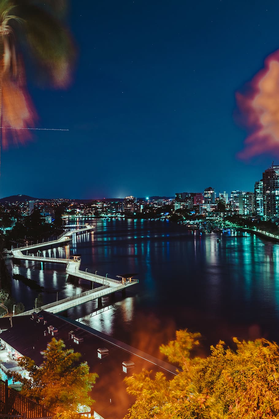 lighted city at night, water, metropolis, town, urban, building HD wallpaper