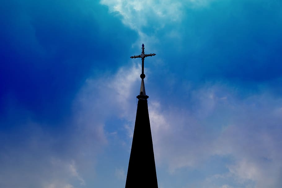 cross, steeple, thunderstorm, threatening, clouds, church, religion HD wallpaper