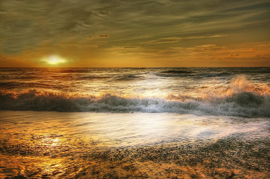 sun, denmark, clouds, sky, coast, sea, water, beach, sunset HD wallpaper
