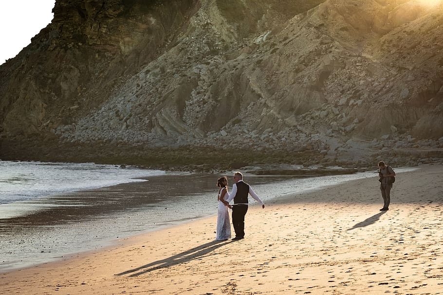 wedding, beach, bride, love, sea, romantic, woman, summer, romance HD wallpaper