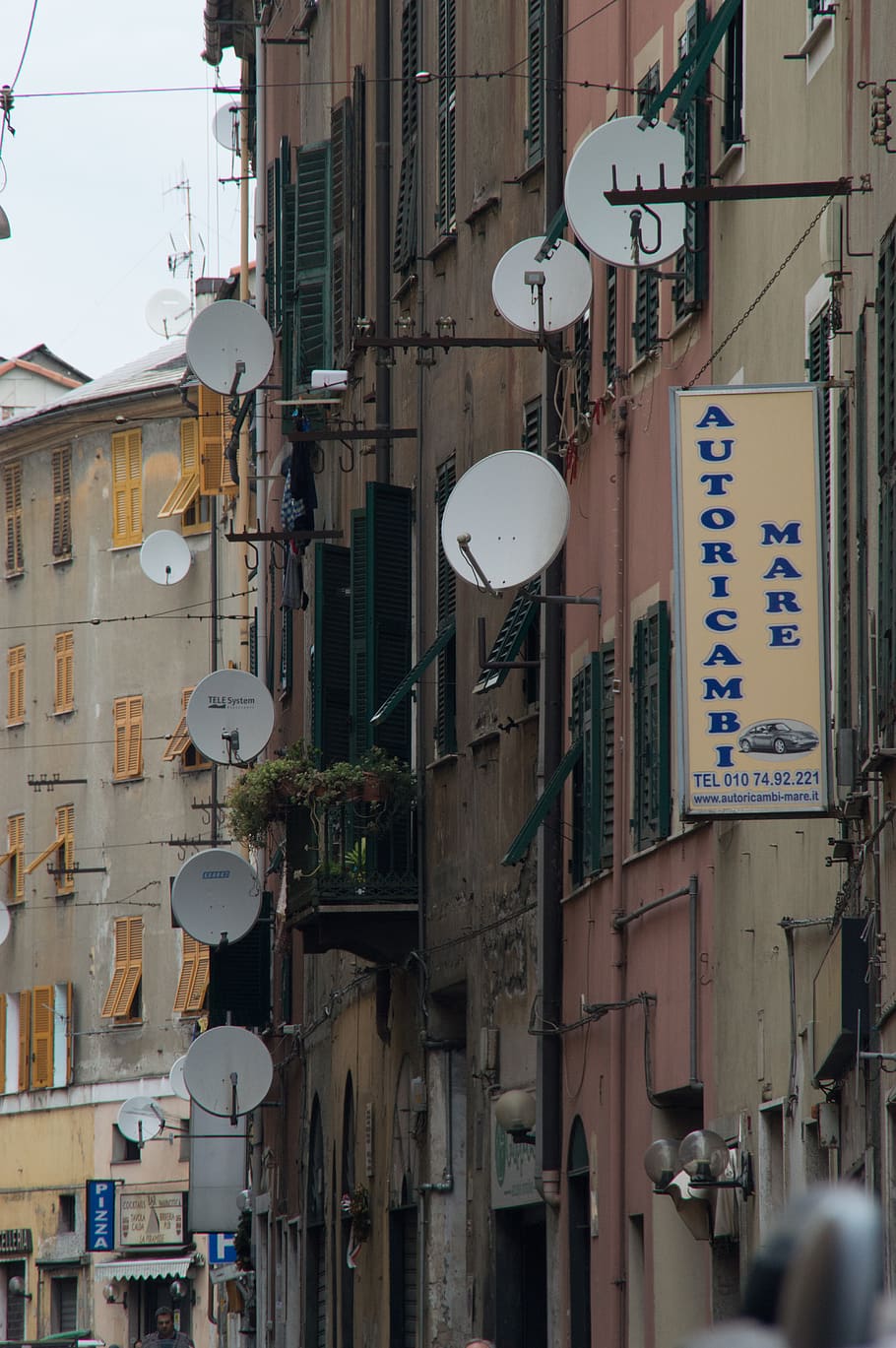 italy, genoa, genova bolzaneto, antenna, satellite dishes, streets