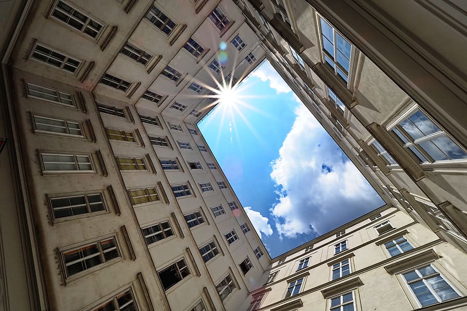 low angle view of high-rise building, window, perspective, geometry HD wallpaper