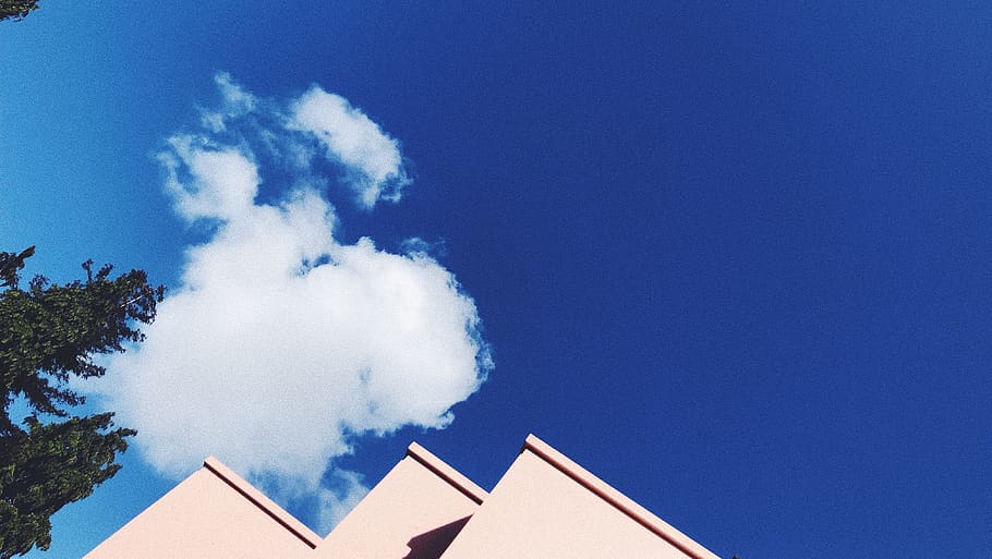 clouds, trees, blue sky, building, pink, spring, architecture HD wallpaper