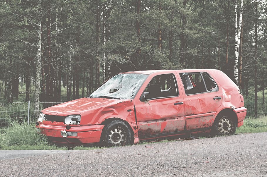 sweden, broken, red, vw, volkswagen, outside, outdoors, nature HD wallpaper