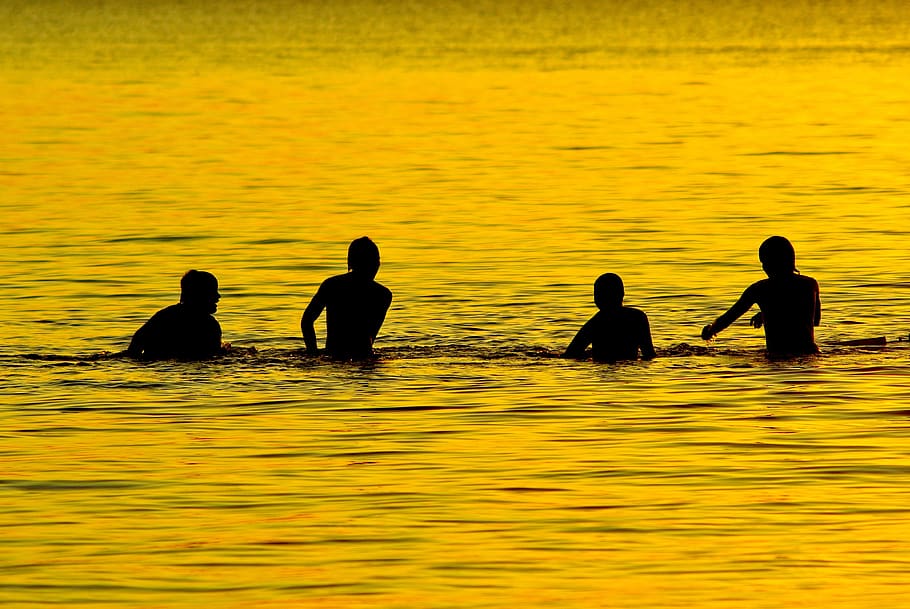 boys playing in lake, dusk, sunset, water, nature, landscape, HD wallpaper