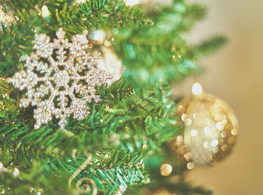 green Christmas tree with snowflake and bauble decors, plant, HD wallpaper