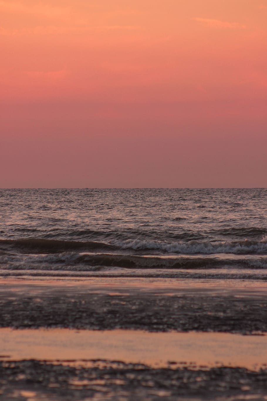 france, dunkirk, pink, sea, sunset, beach, waves, water, horizon, HD wallpaper