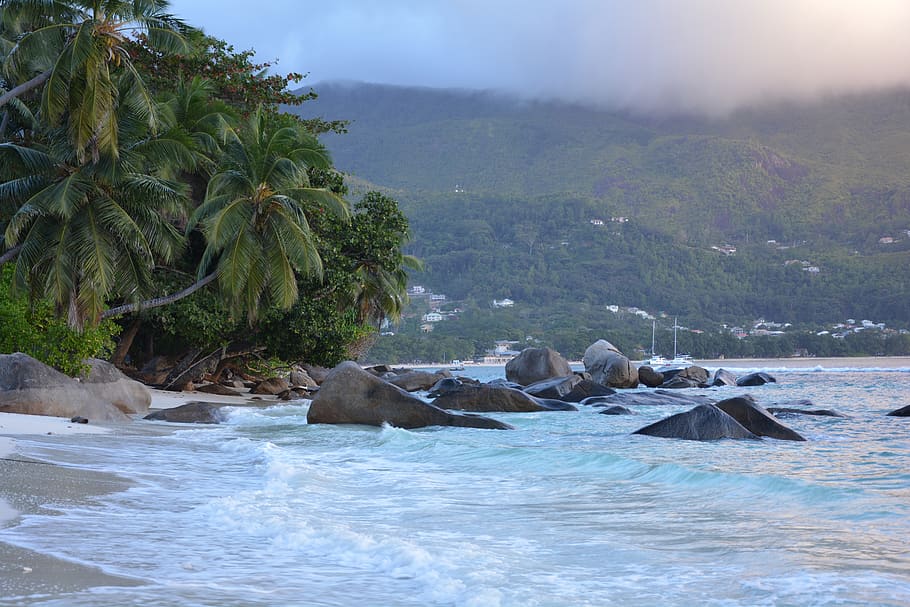 seychelles, beach, sea, sunset, evening, island, stones, travel HD wallpaper