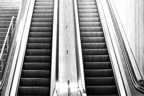 escalator, upward, down, stairs, urban, railway station, architecture HD wallpaper