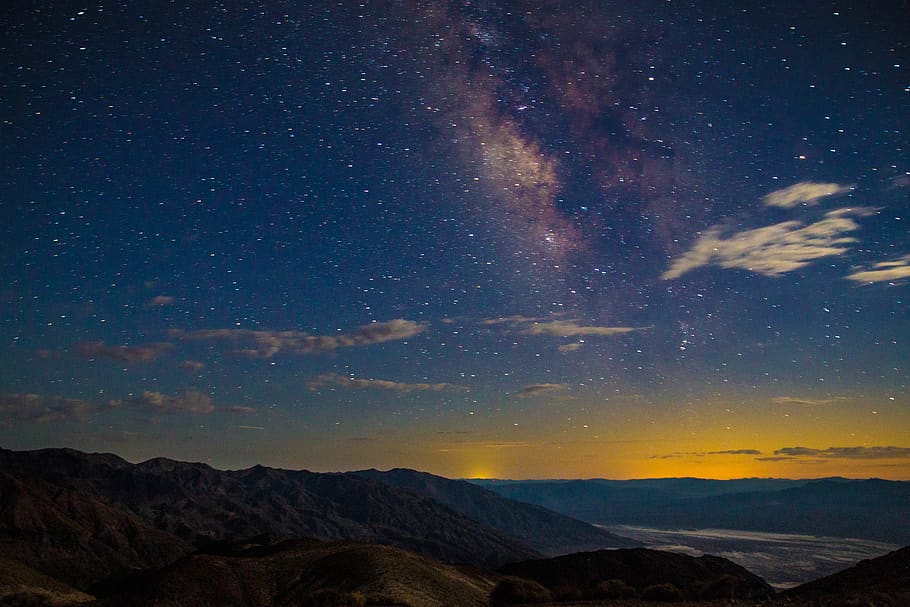 mountains during sunset, nature, outdoors, astronomy, space, outer space HD wallpaper