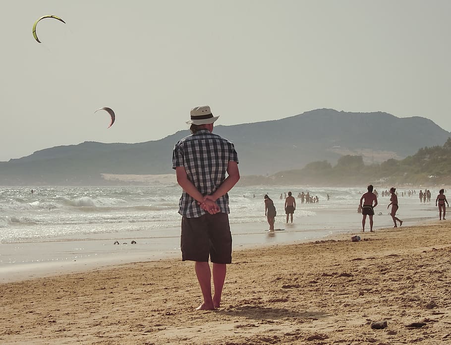 spain, tarifa, resting, standing, hat, beach, travel, nature HD wallpaper