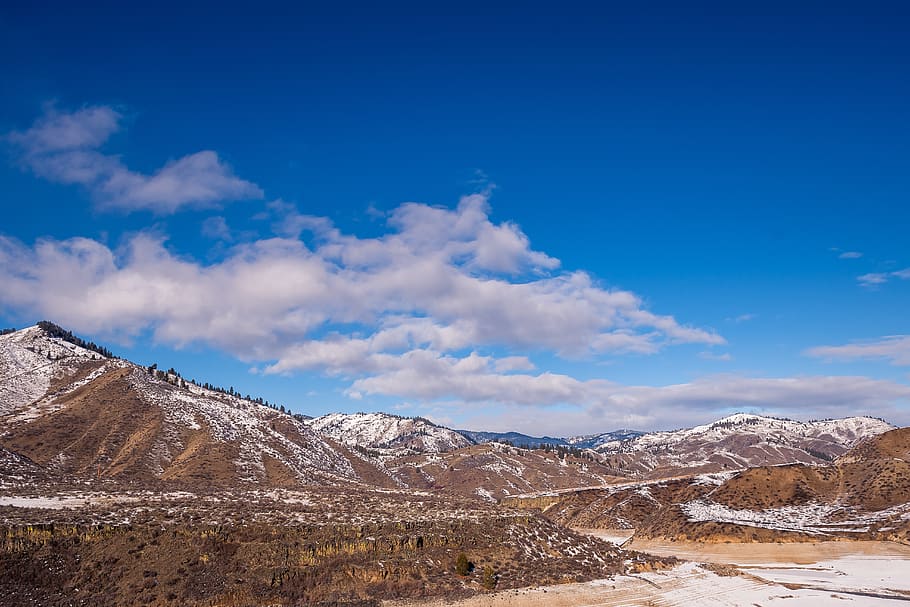Snow Covered and Beige Mountains, adventure, background, blue HD wallpaper