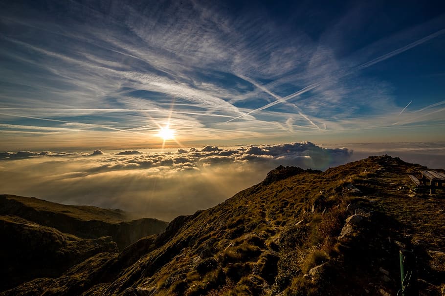 Aerial Photo of a Mountain and Blue Sky during Daytime, clouds HD wallpaper