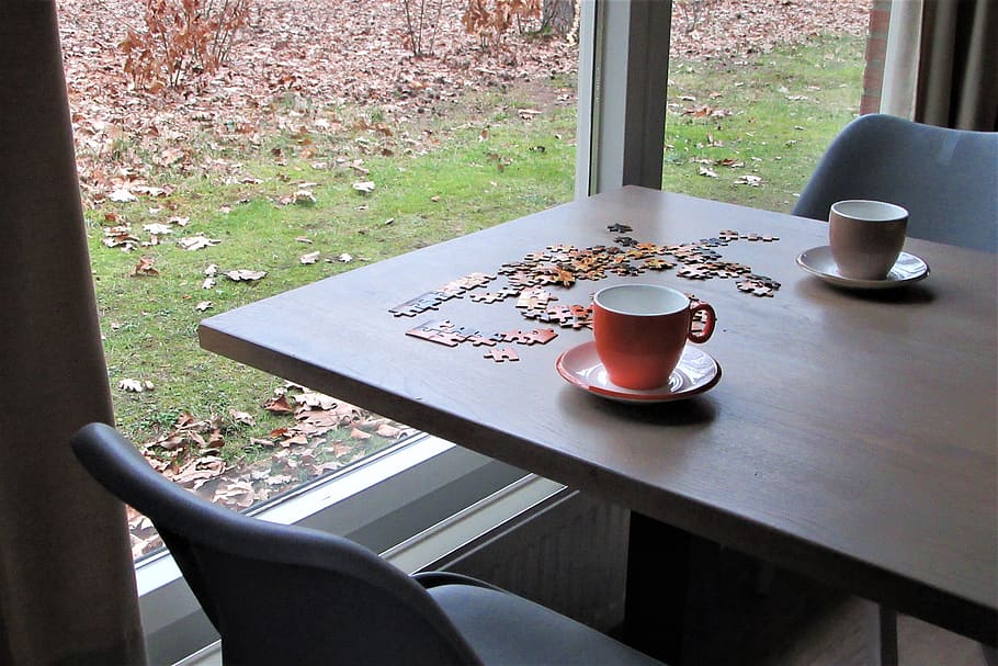 puzzling, together, coffee, tea, cups, window, hobby, rest HD wallpaper