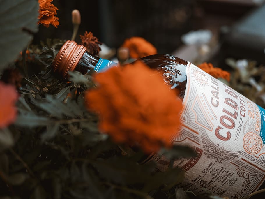 brown glass bottle on orange flower bush, drink, beverage, beer bottle, HD wallpaper