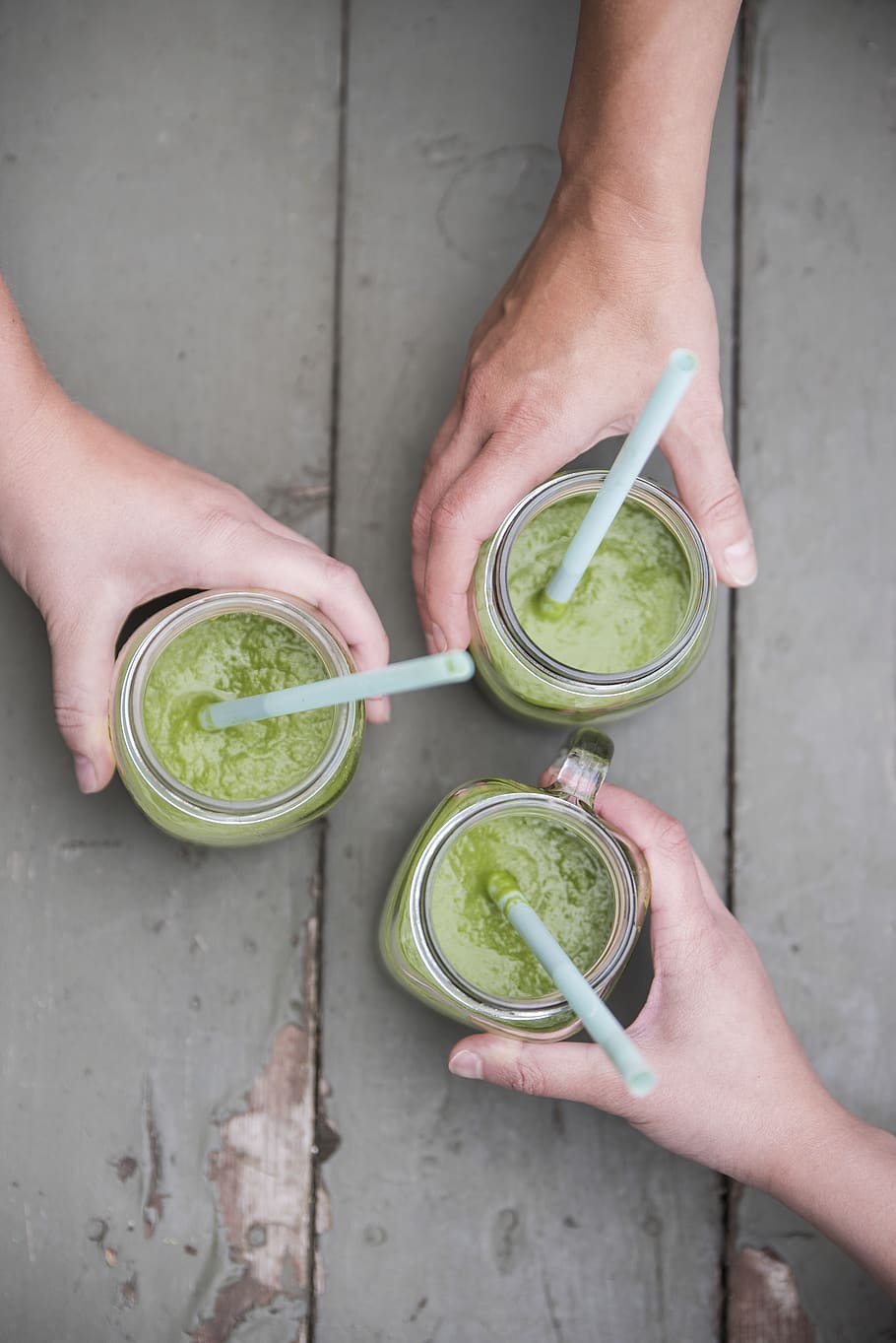 three green beverages, human hand, holding, real people, food and drink HD wallpaper