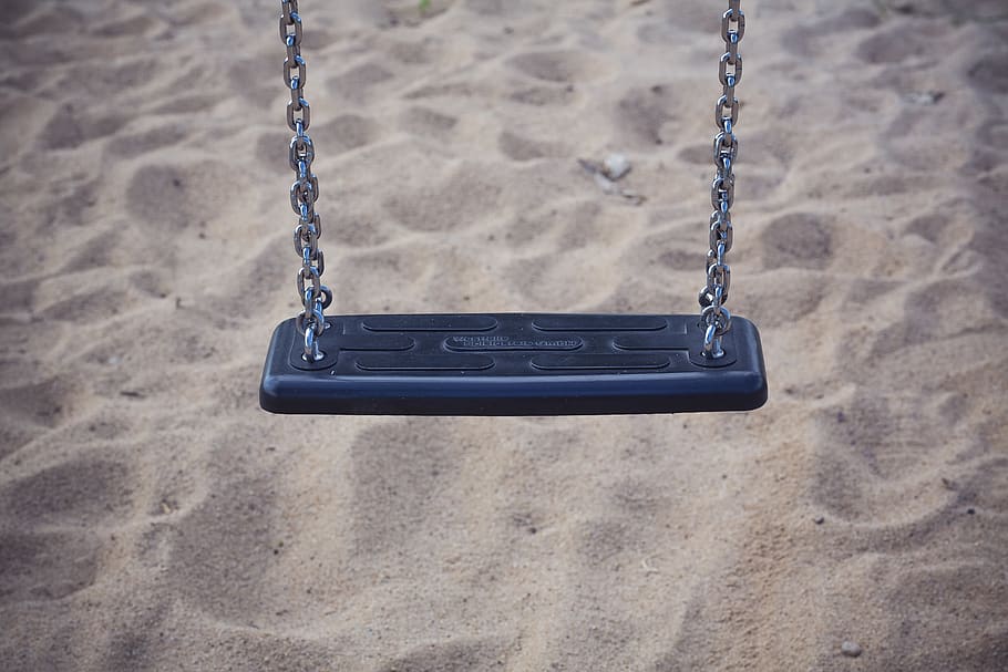 black and gray swing, chain, playground, sand, no people, land, HD wallpaper
