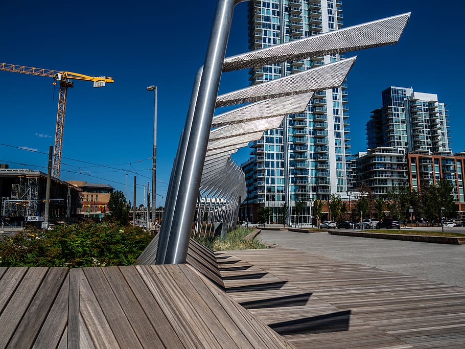 building, office building, boardwalk, bridge, construction crane HD wallpaper