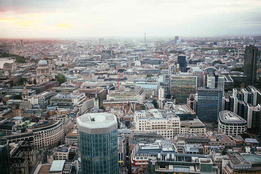 Aerial view of downtown London at sunset, Architecture, Capital