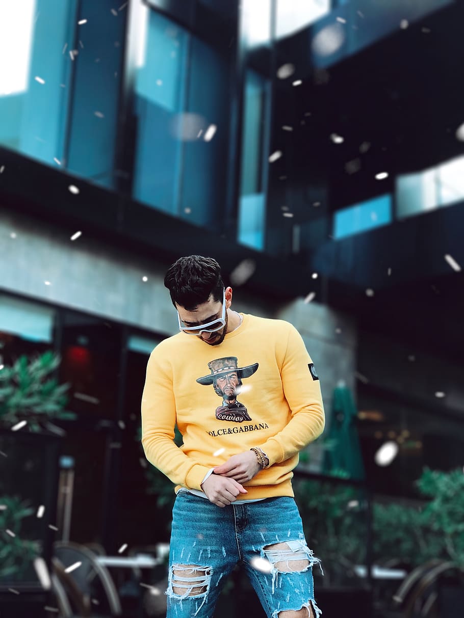 Photo of Man in Yellow Long-sleeved Sweatshirt Standing Outdoor, HD wallpaper