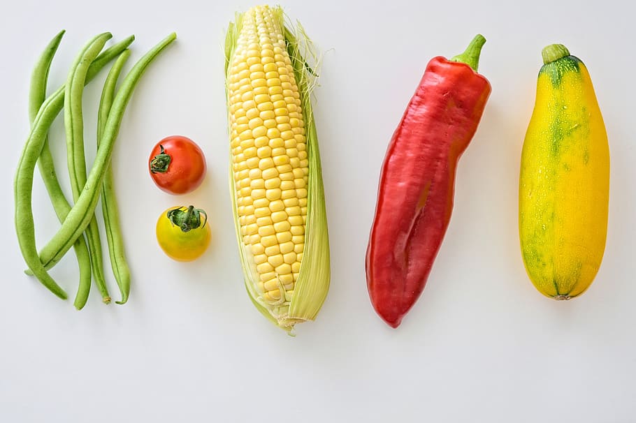 vegetable, red, tomato, green, bean, yellow, corn, cucumber HD wallpaper