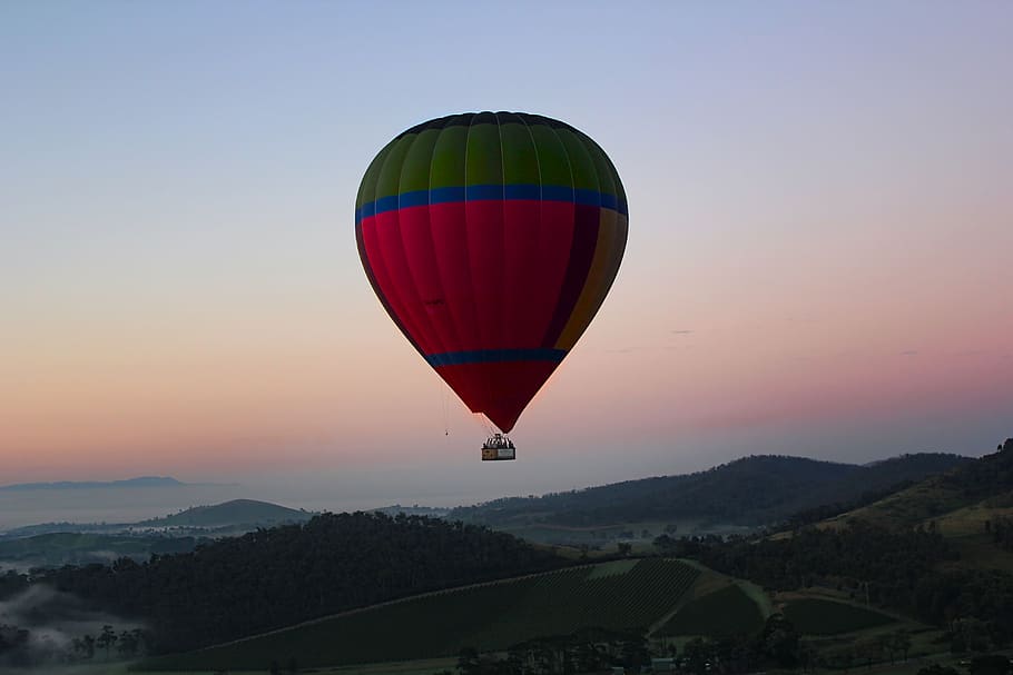 hot air balloon, air vehicle, transportation, sky, mountain HD wallpaper