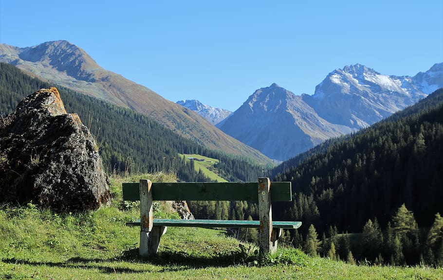 sit, relaxation, landscape, bench, mountains, see, davos, the rest HD wallpaper