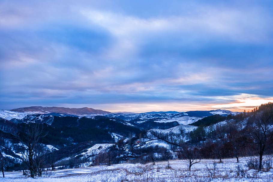 winter, landscape, snow, clouds, sunset, cold, nature, trees HD wallpaper