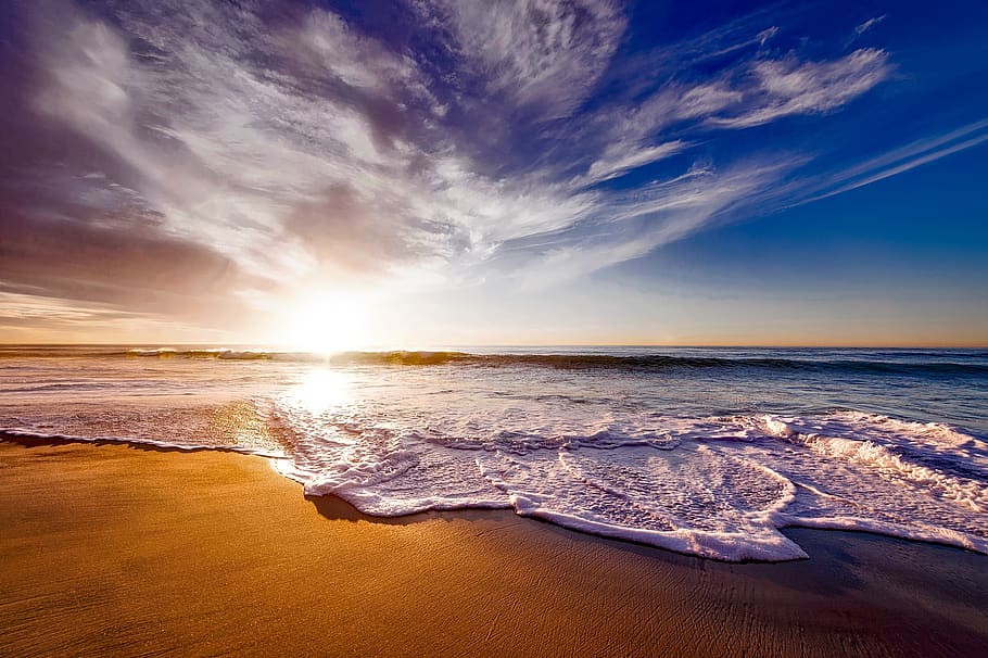 Seashore Under White and Blue Sky during Sunset, beach, beautiful HD wallpaper