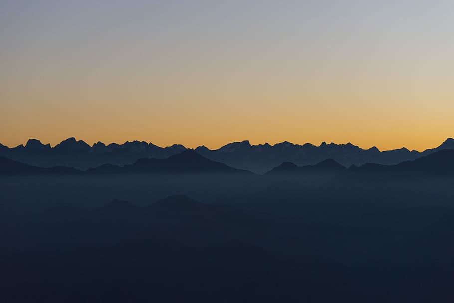 landscape photography mountains with fog, sunrise, blue, orange sky, HD wallpaper