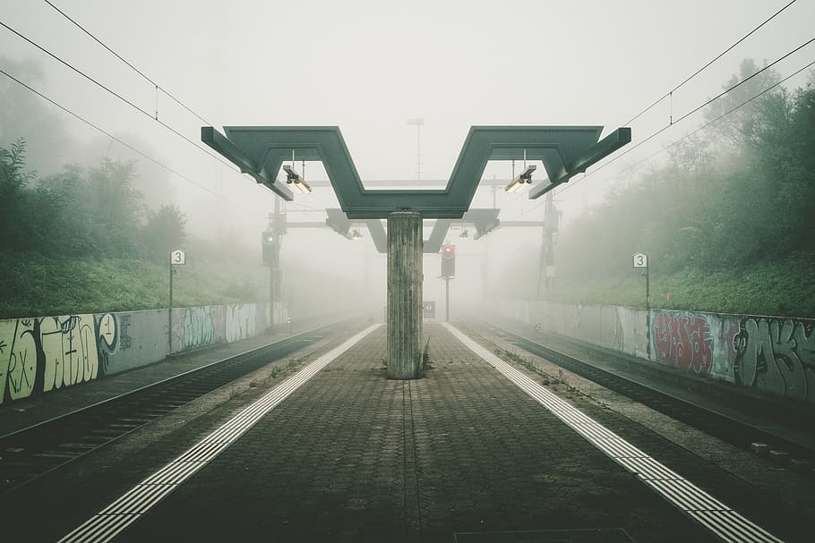 brown concrete pillar, transportation, rail transportation, railroad track HD wallpaper