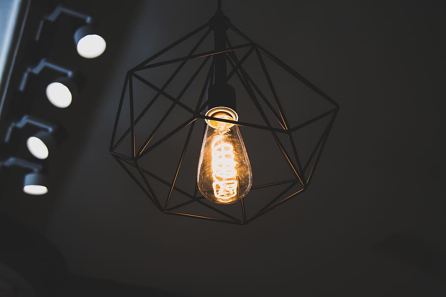 Turned on Black Framed Incandescent Bulb Pendant Lamp, art, bright HD wallpaper