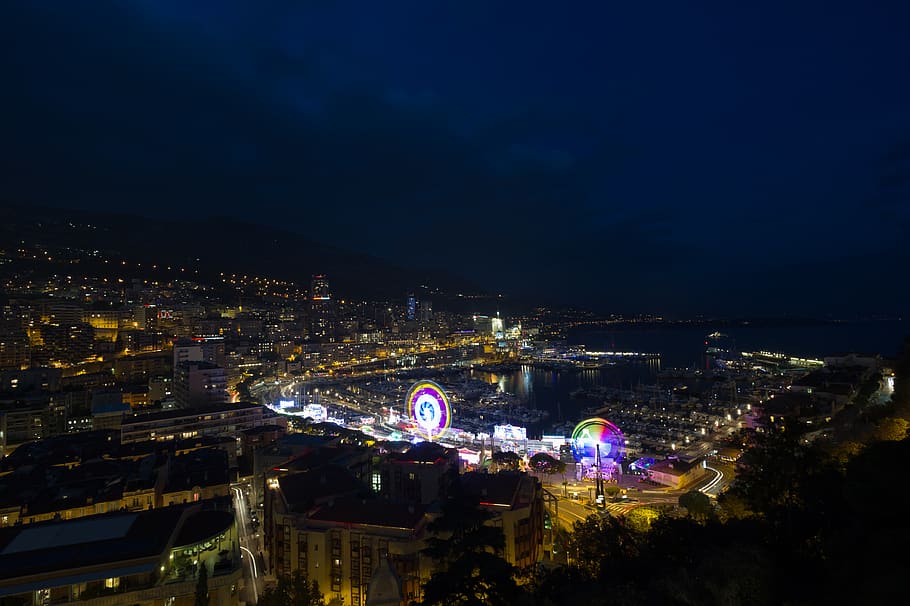 monaco, monaco-ville, clouds, d3s, ferris wheels, harbour, light trails HD wallpaper
