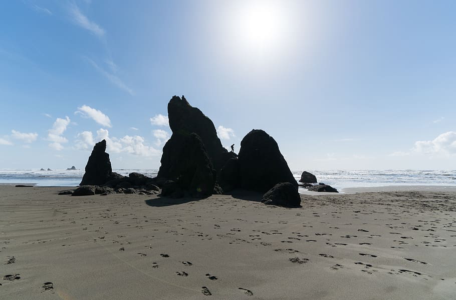 nature, cloud, wafe, sand, water, silhouette, rock, ocean, beach HD wallpaper